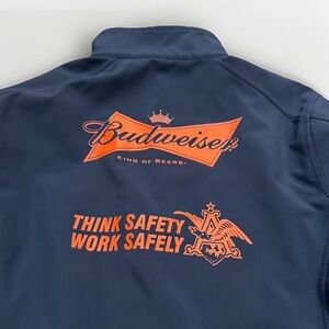 Budweiser Work Jacket Mens Size L Blue Logo American Flag Zip Fleece Lined Beer
